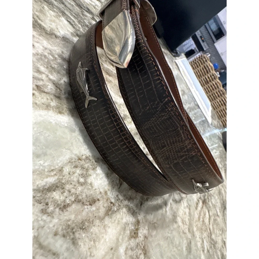 Men's Zep-Pro brown leather belt textured textured‎ marlin fish emblem strap 38